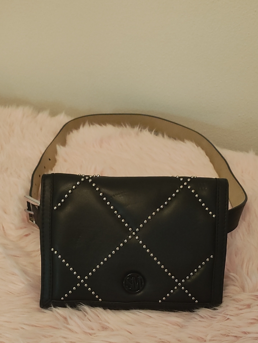 Steve Madden Black Quilted Studded Belt Bag